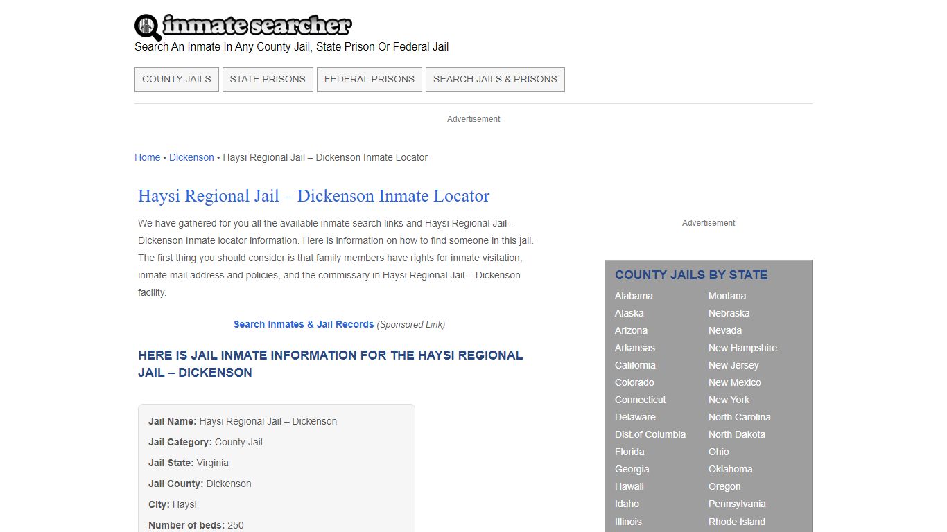 Haysi Regional Jail - Dickenson Inmate Locator - Inmate Searcher